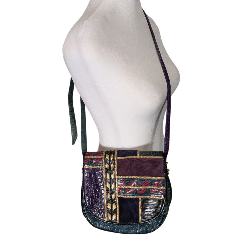 Sharif Vintage Patchwork Leather Crossbody Bag Multi-Texture Made in USA Purple